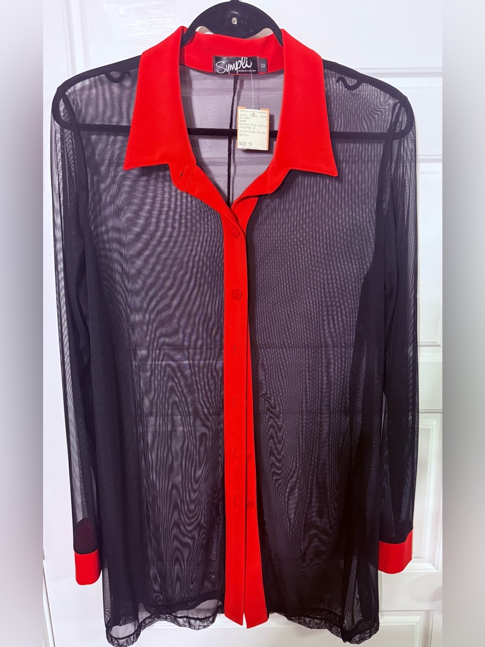 Black/Red sheer buttoned long sleeve blouse size 12